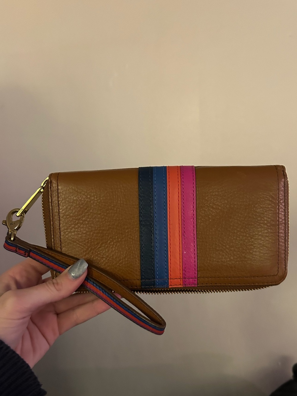 Fossil Women’s Brown Leather Wristlet Wallet with Color Stripe Detail